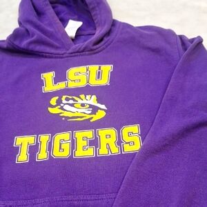 LSU Tigers Purple Hoodie Yellow Decal Letters Sz Youth 18 =Adults Sm-M Louisiana